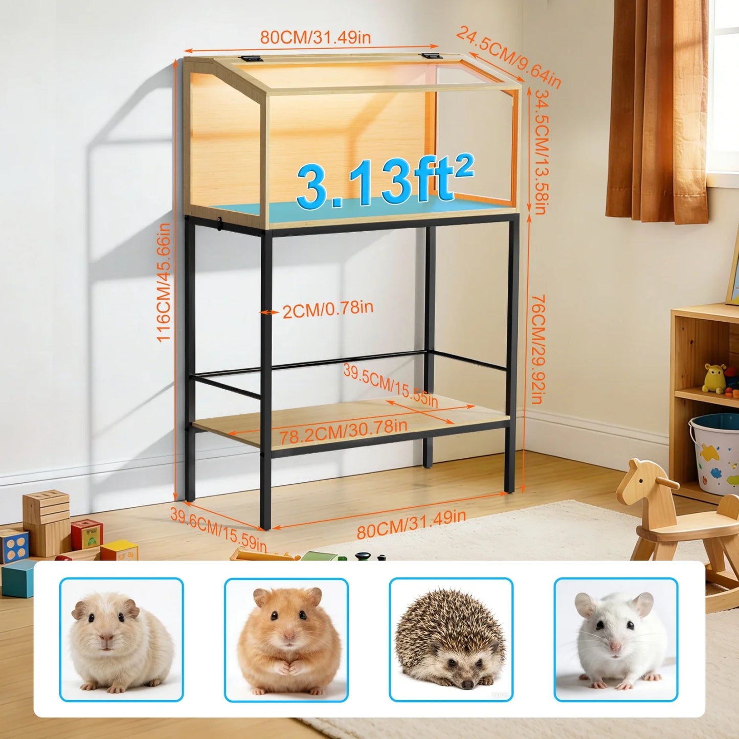 Chewproof Wooden Hamster Cage With Tempered Glass Panels LED