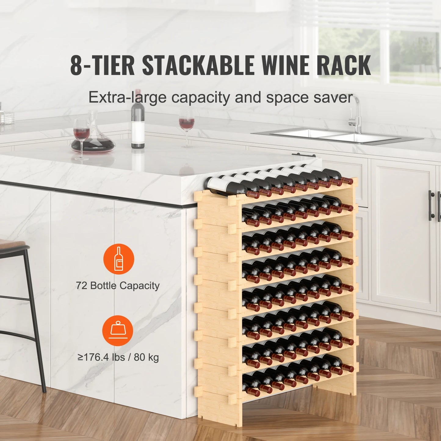 SucceBuy Bamboo 8 Tier Stackable Wine Rack Free Standing