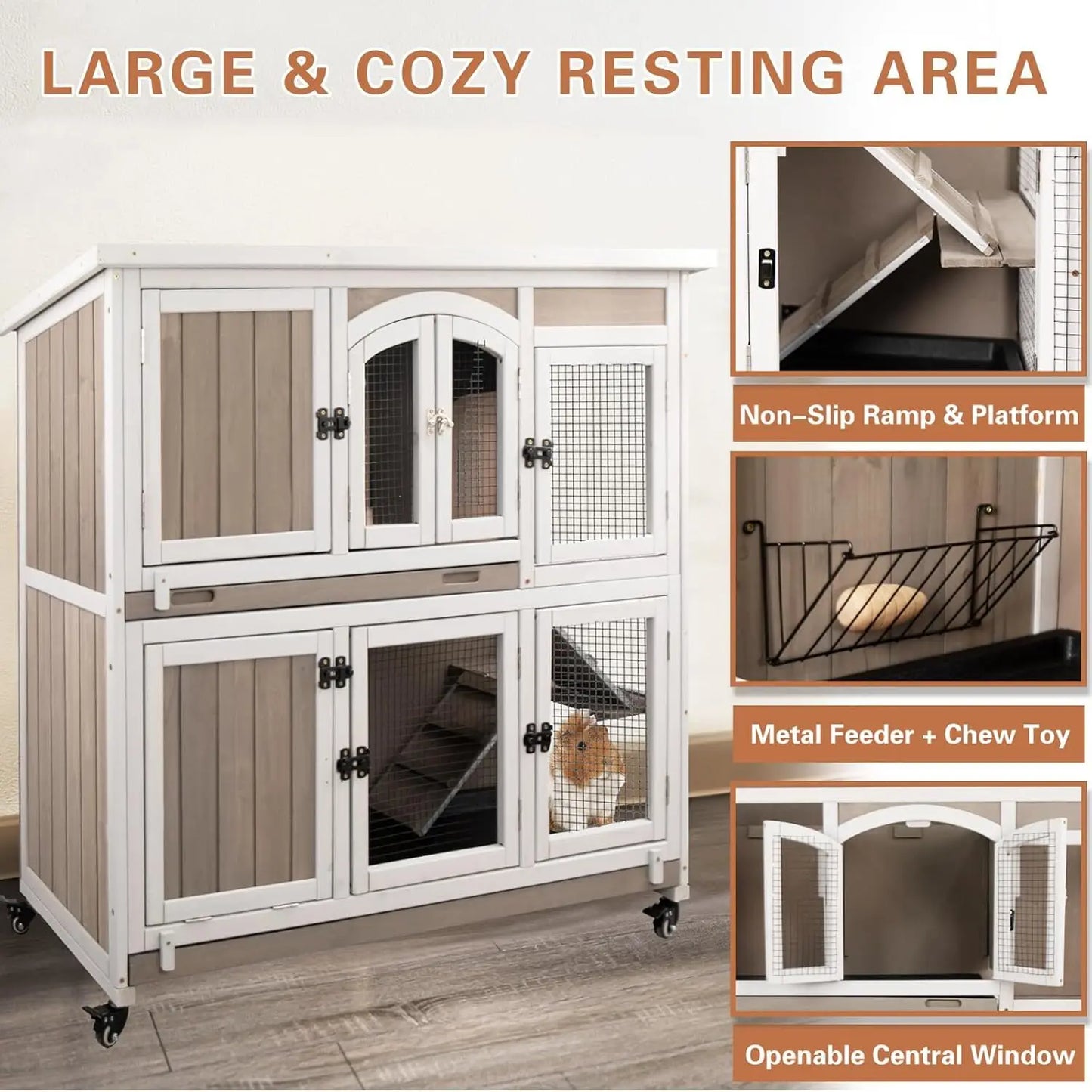 Wooden Guinea Pig Cage Two-Story Indoor Hamster Habitat