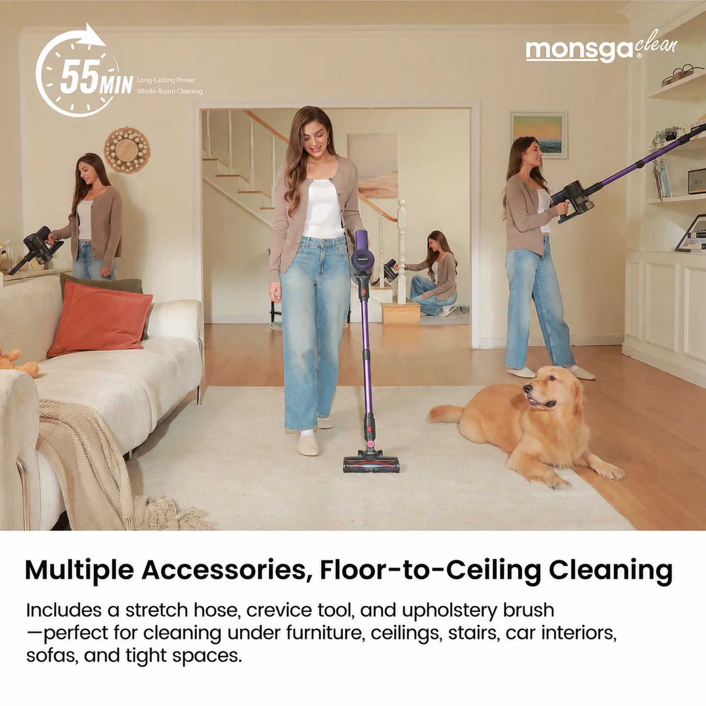 MONSGA Cordless Vacuum Cleaner 55KPA 450W Anti-Tangle Brush