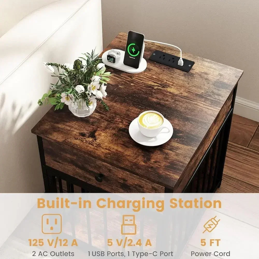 2 In 1 Dog Crate Side Table With Charging Station