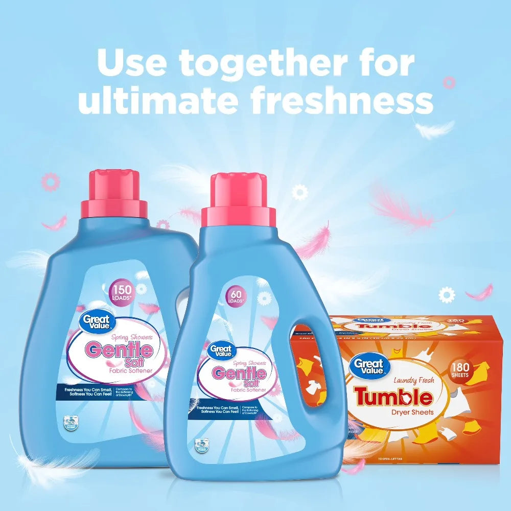 Gentle Soft Liquid Fabric Softener Spring Showers Scent 111 Fl Oz 150 Loads Softening Effect Compare to Downy