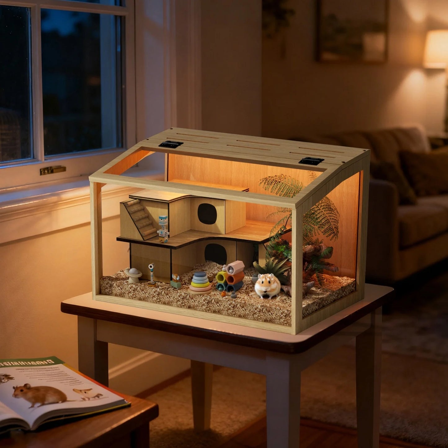 Chewproof Wooden Hamster Cage With Tempered Glass Panels LED