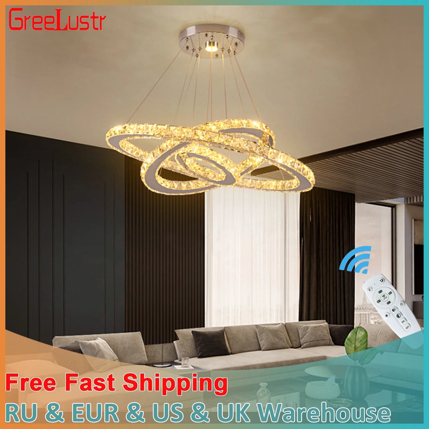 GreeLustr Crystal Pendant Led Dimmable Chandelier