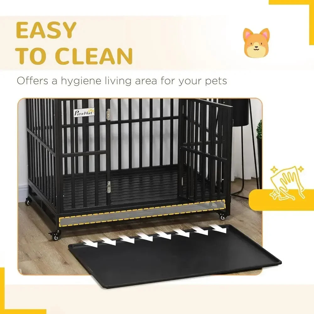 Heavy Duty Metal Dog Crate With Wheels And Slide Pan
