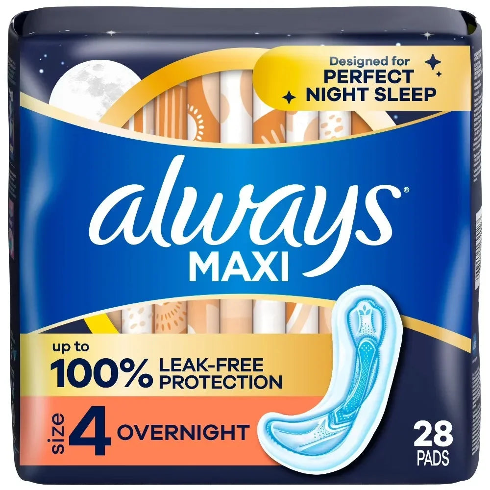Overnight Absorbency Maxi Pads without Wings Size 4 Heavy Flow Sanitary Napkins 28 Count Long Super Pads for Women Ultra Protection for Night Use