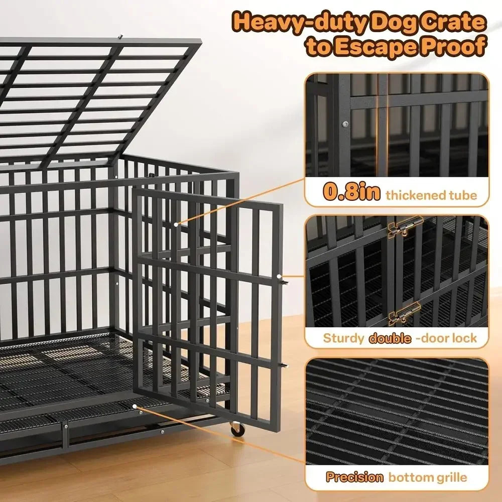 Heavy Duty Metal Dog Crate With Double Door And Wheels