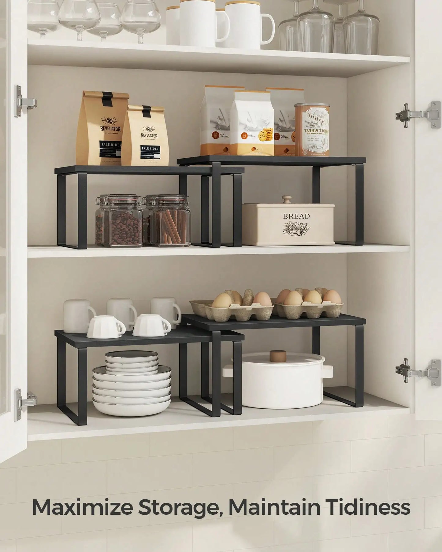 Stackable Cabinet Organizer Shelf Set With Metal Wood Top