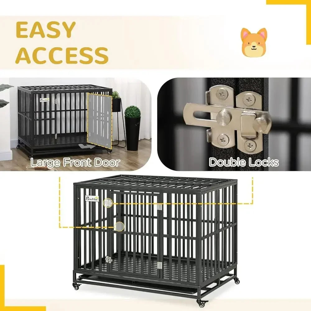 Heavy Duty Metal Dog Crate With Wheels And Slide Pan