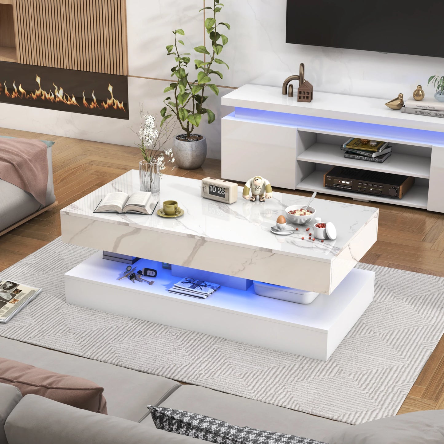 QiaoShiRen Modern LED Coffee Table with Dual Storage Drawers