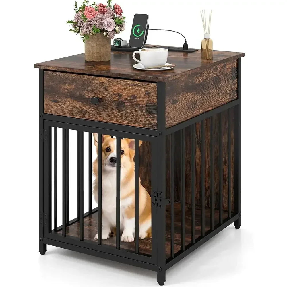 2 In 1 Dog Crate Side Table With Charging Station