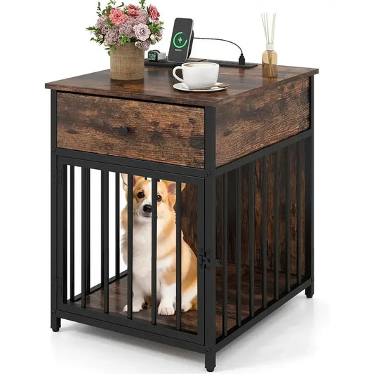 2 In 1 Dog Crate Side Table With Charging Station