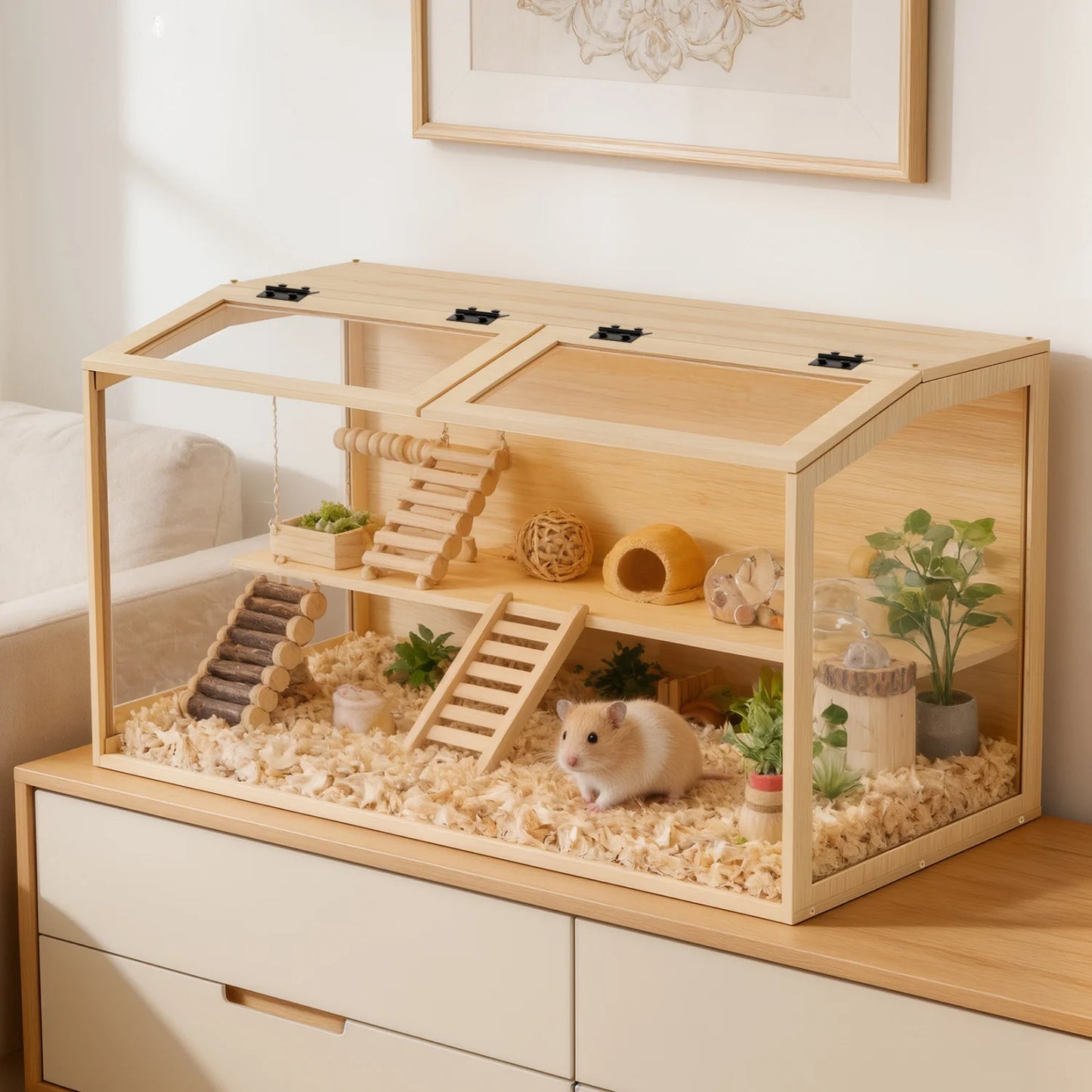 Chewproof Wooden Hamster Cage With Tempered Glass Panels LED