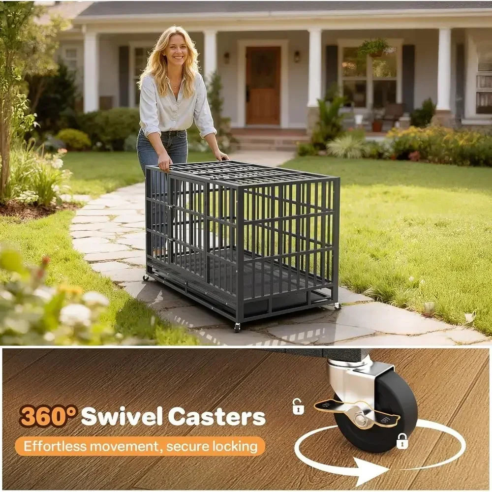 Heavy Duty Metal Dog Crate With Double Door And Wheels