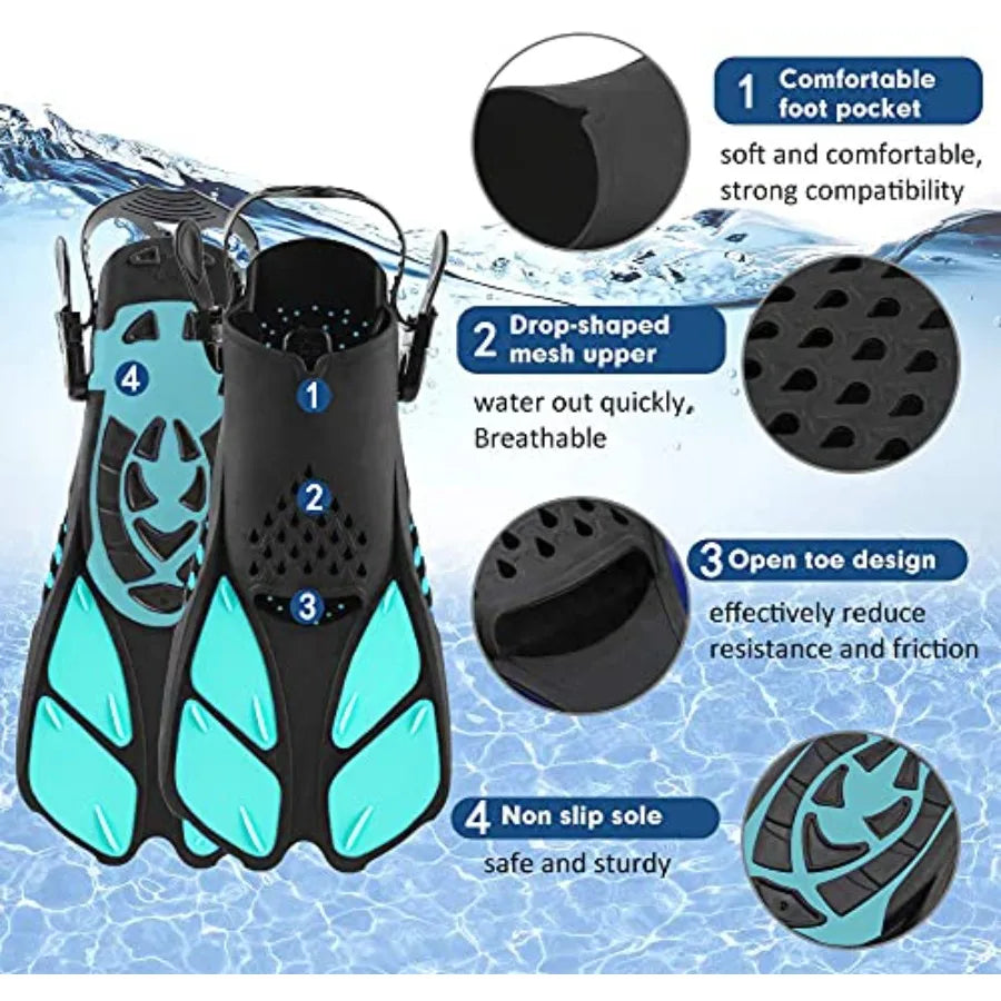 Open Heel Swim Fins Adjustable Snorkel Flippers Mesh Bag