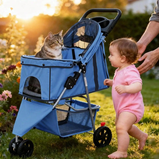 Three Wheel Pet Stroller Foldable With Cup Holder And Basket