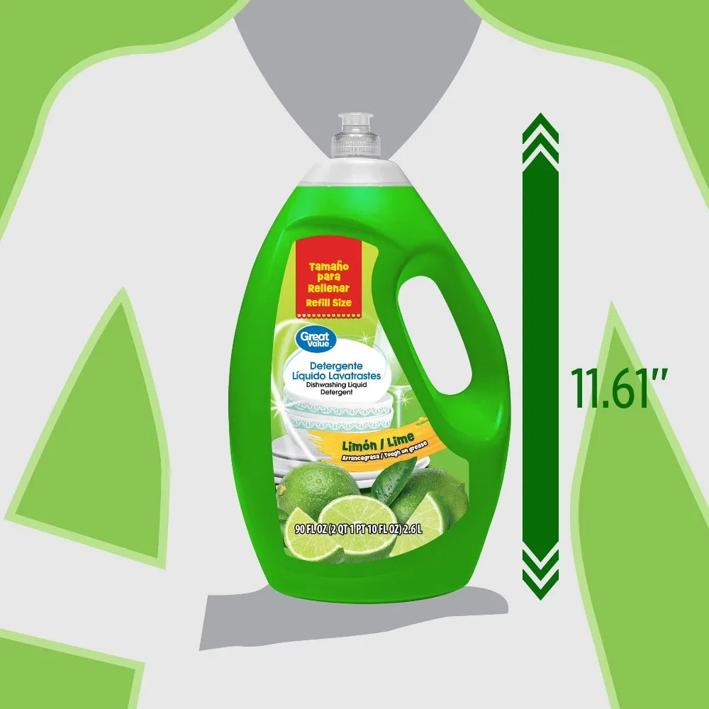 Dishwashing Liquid Soap Detergent Lemon Lime Scent 90 Fl Oz Large Capacity Refill Kitchen Cleaner Degreaser Fresh Fragrance