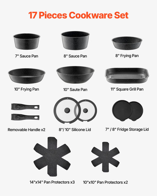 SucceBuy 17 Piece Granite Nonstick Cookware Set