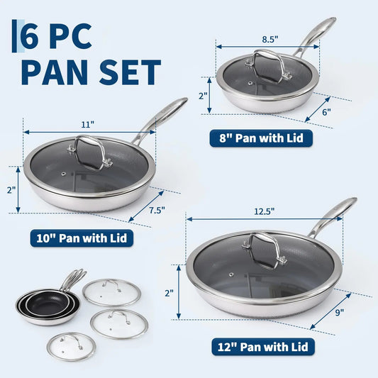 HiMISS Tri-Ply Stainless Steel Nonstick Frying Pan Set