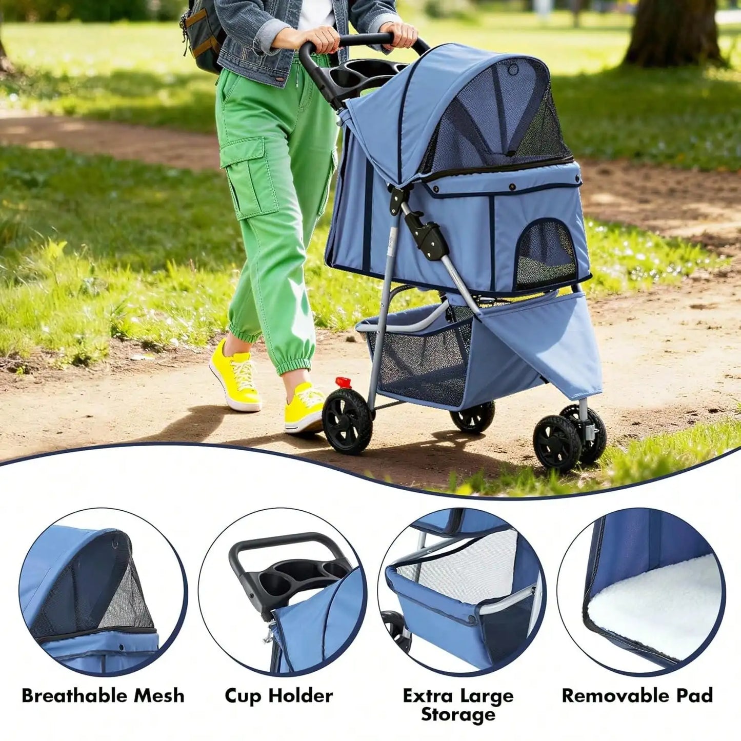 Three Wheel Pet Stroller Foldable With Cup Holder And Basket
