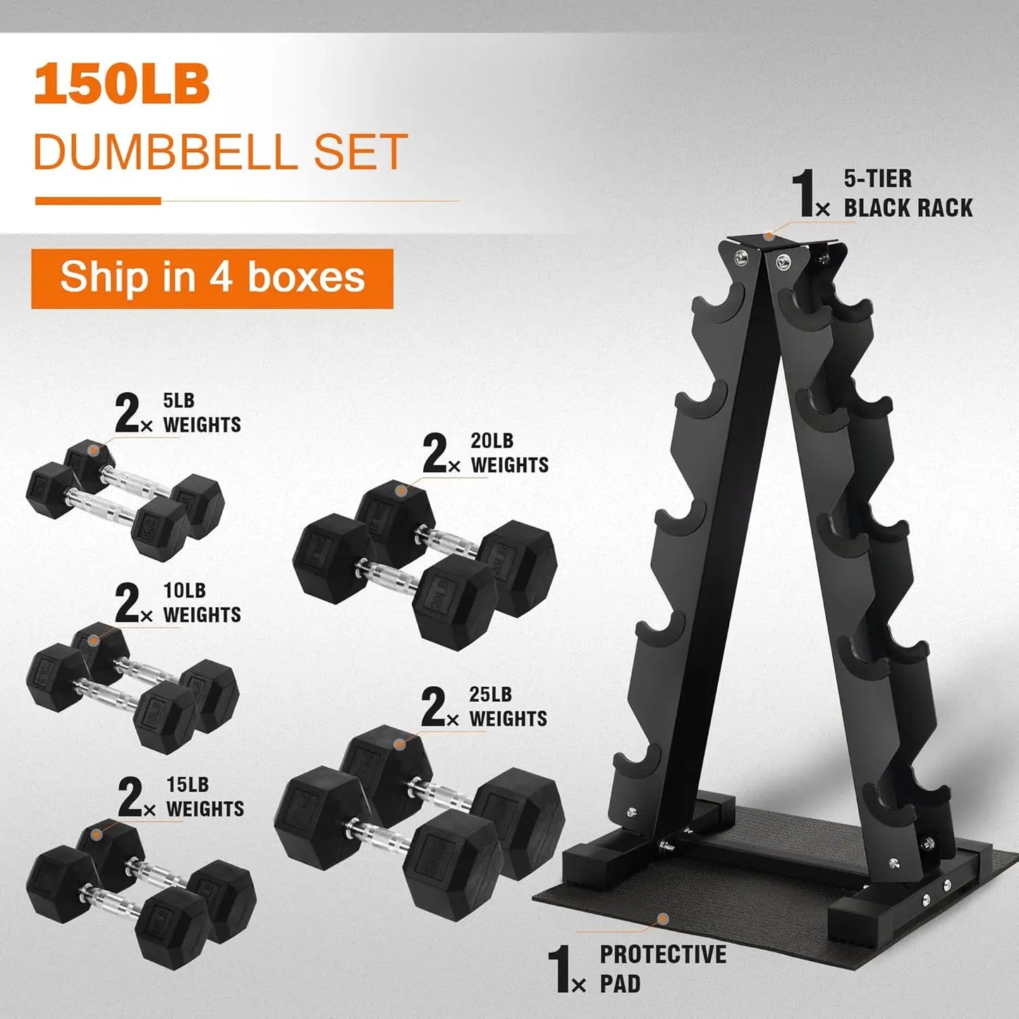 Rubber Coated Dumbbell Set With Rack 150 LB
