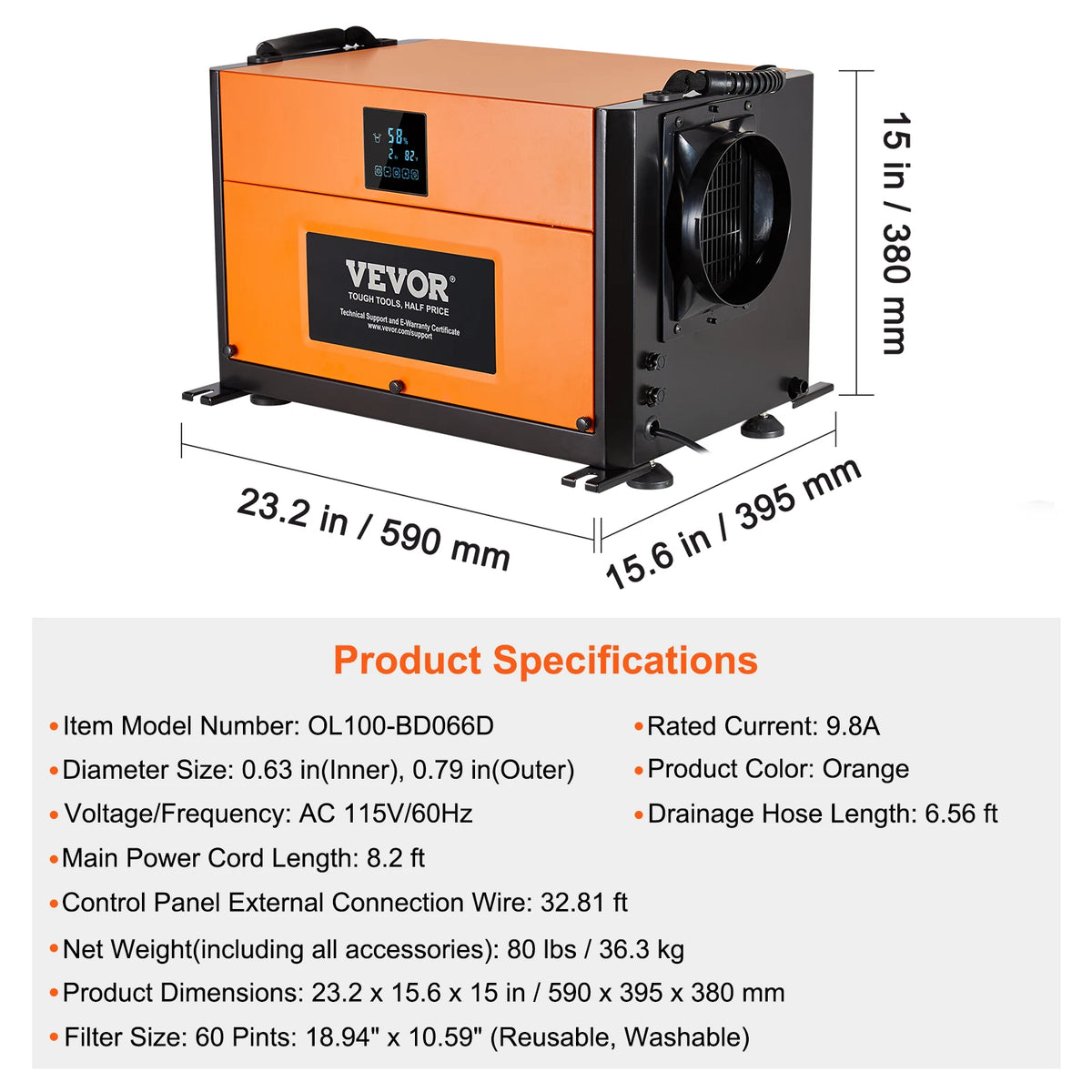 VEVOR Large Capacity Commercial Dehumidifier with Drain Hose