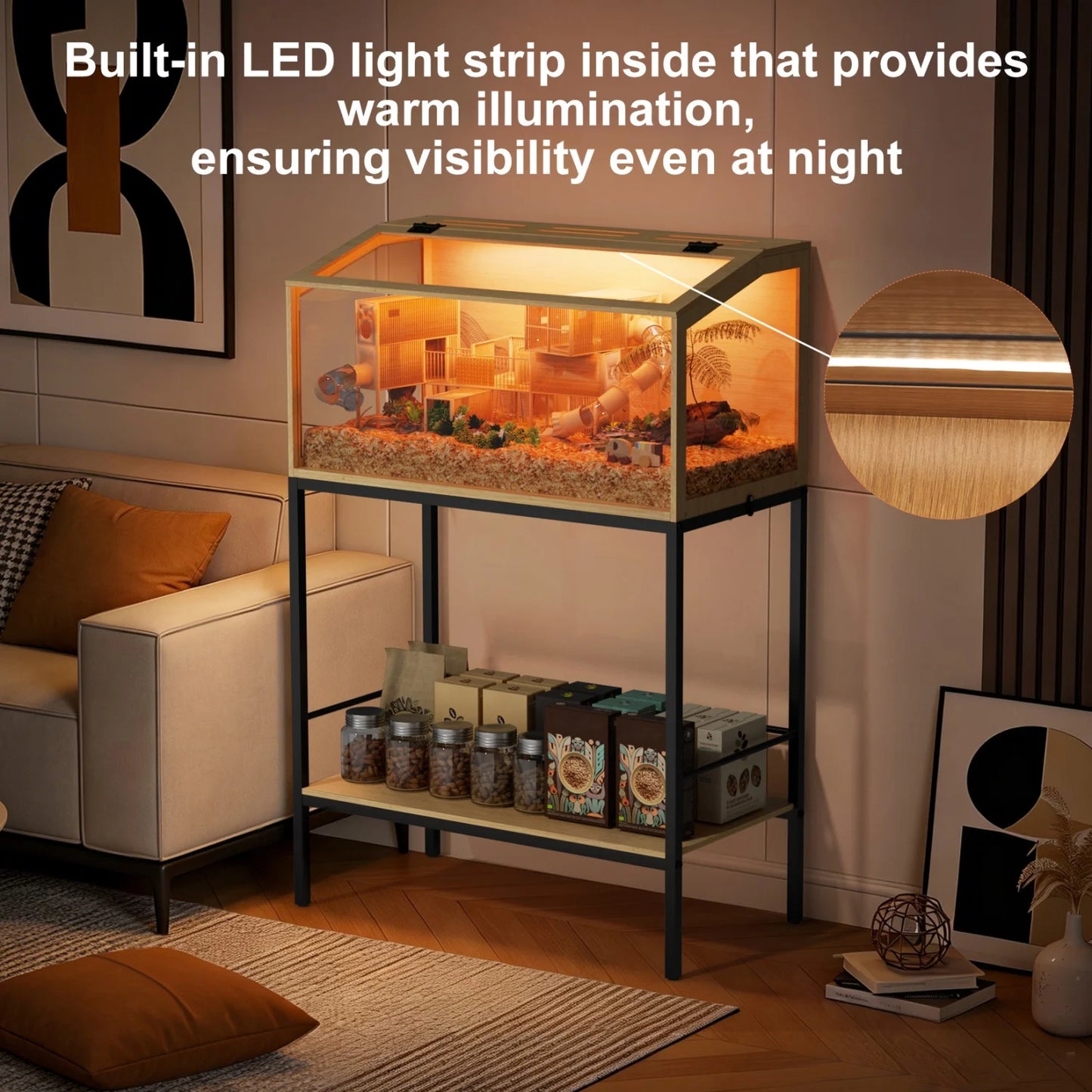 Chewproof Wooden Hamster Cage With Tempered Glass Panels LED