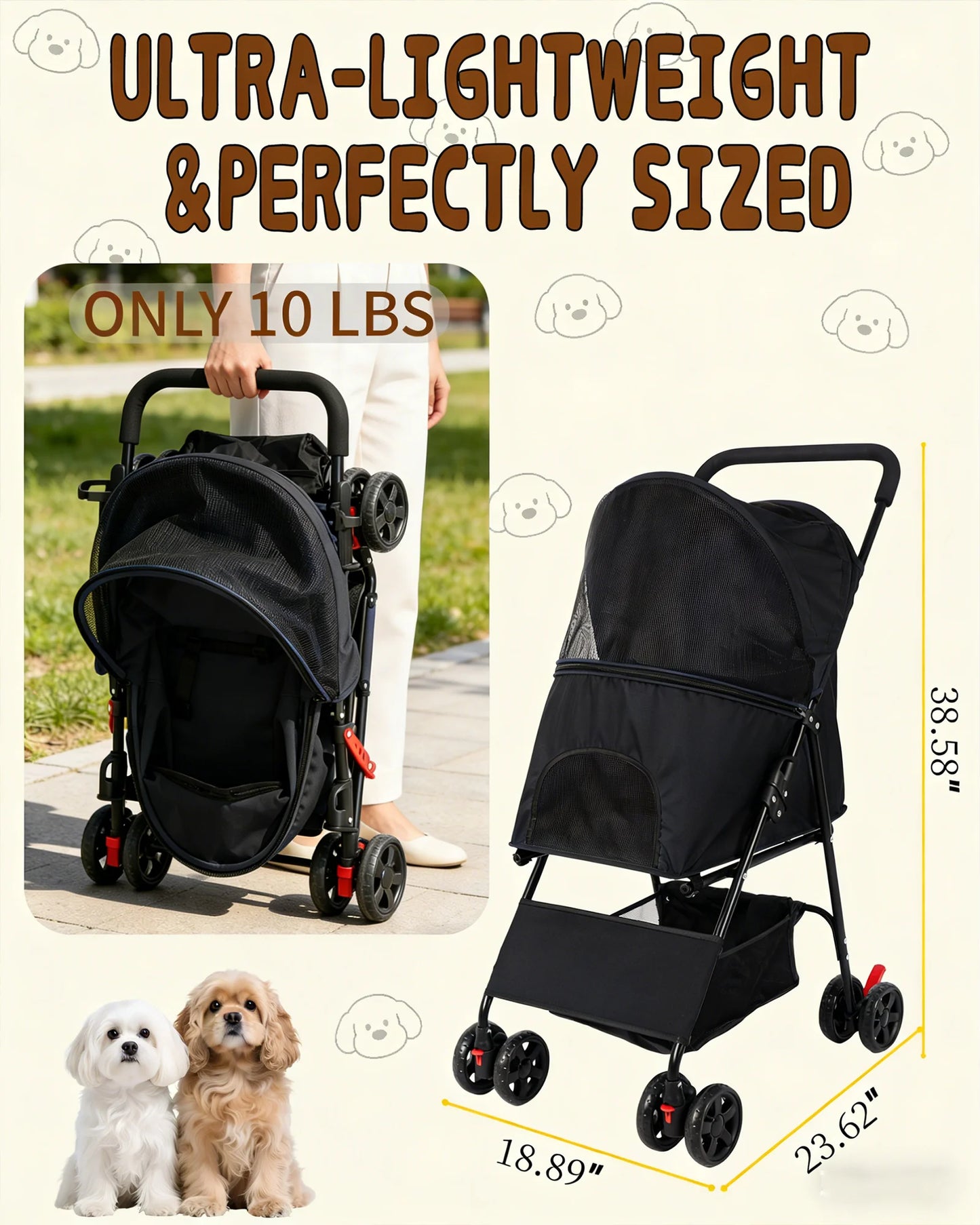 Cabusatly Lightweight Pet Stroller With Storage Basket