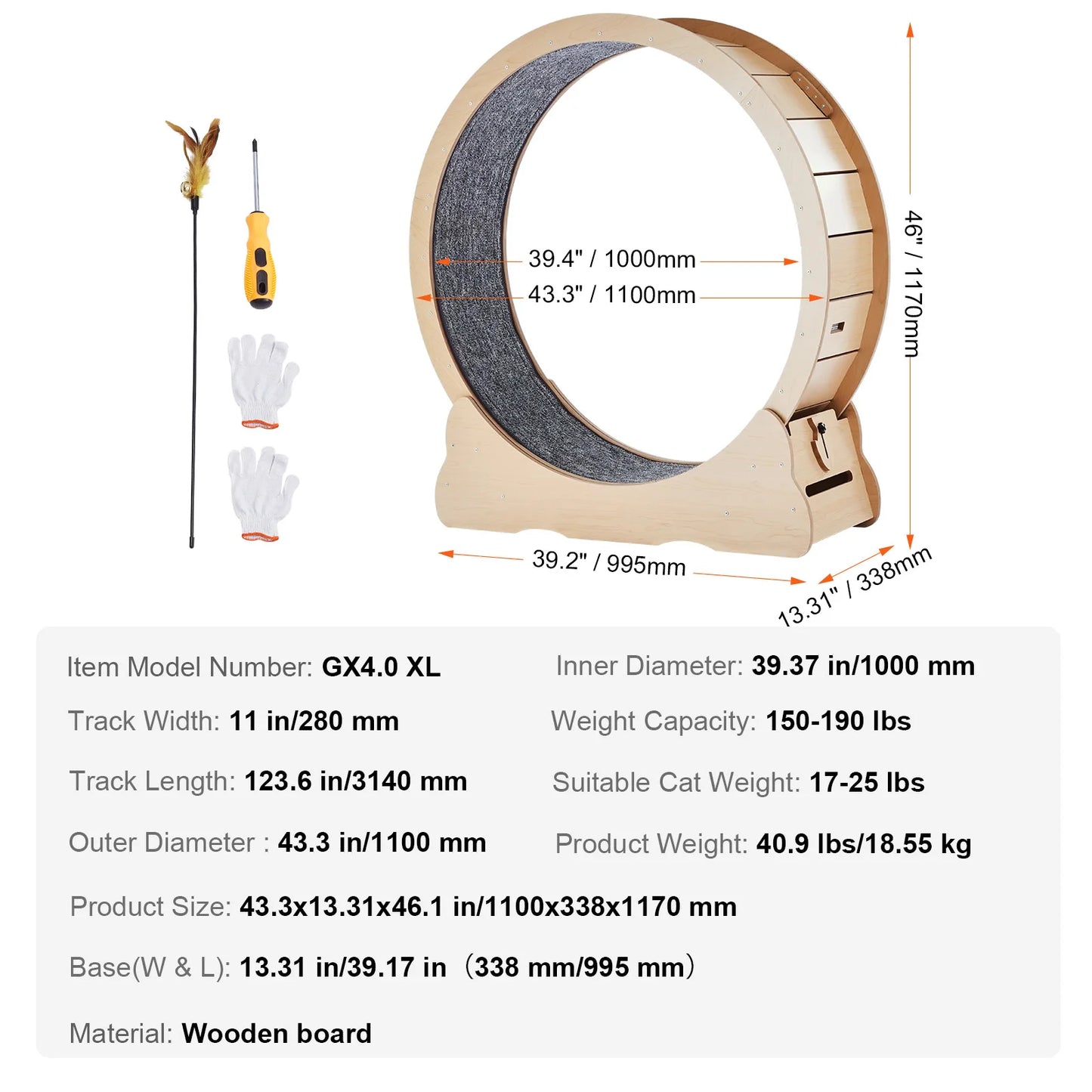 SucceBuy Wooden Cat Exercise Wheel With Detachable Carpet