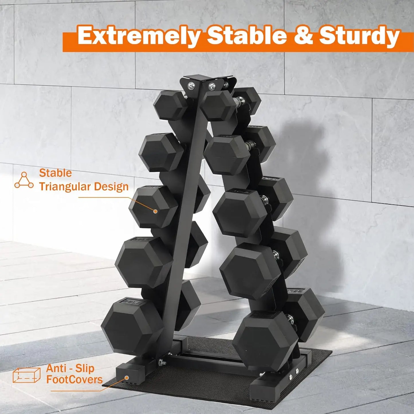 Rubber Coated Dumbbell Set With Rack 150 LB