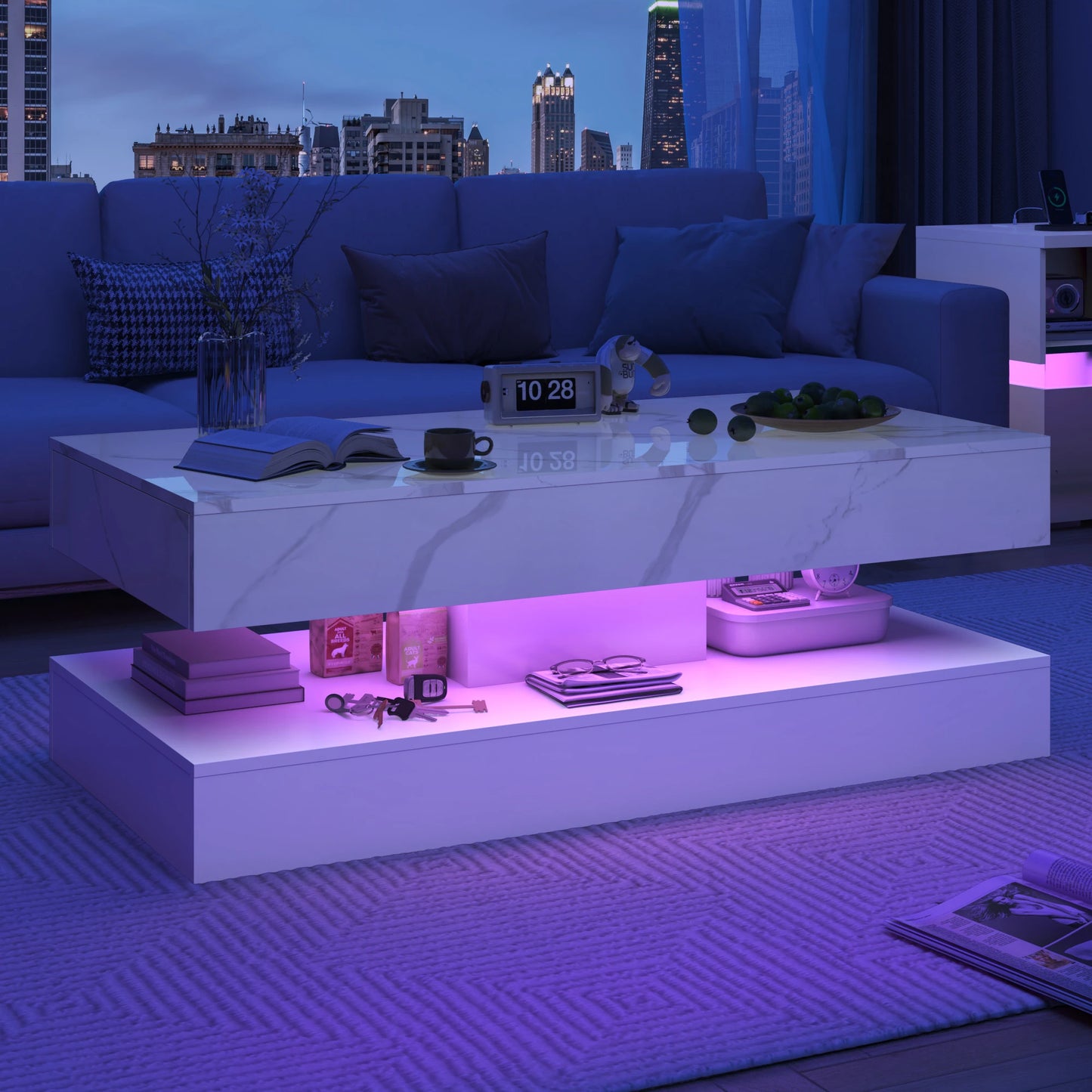 QiaoShiRen Modern LED Coffee Table with Dual Storage Drawers