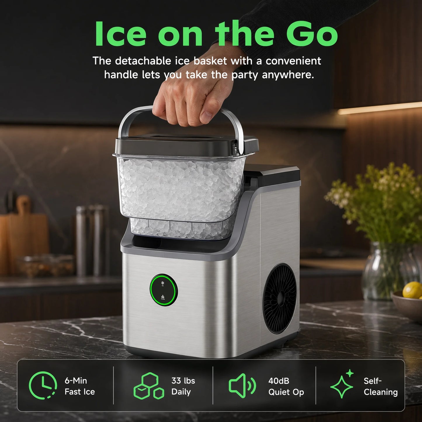 PHILERGO Portable Nugget Ice Maker Countertop Self Cleaning