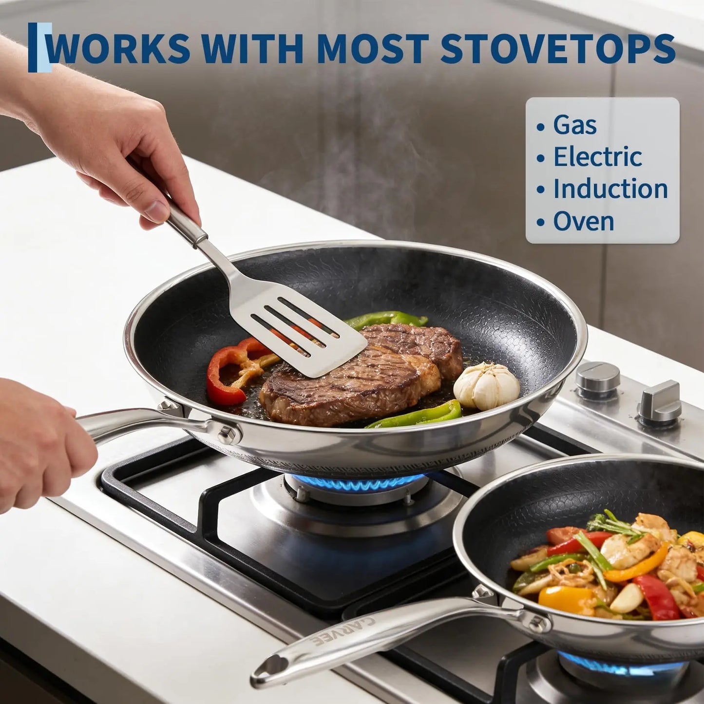 HiMISS Tri-Ply Stainless Steel Nonstick Frying Pan Set