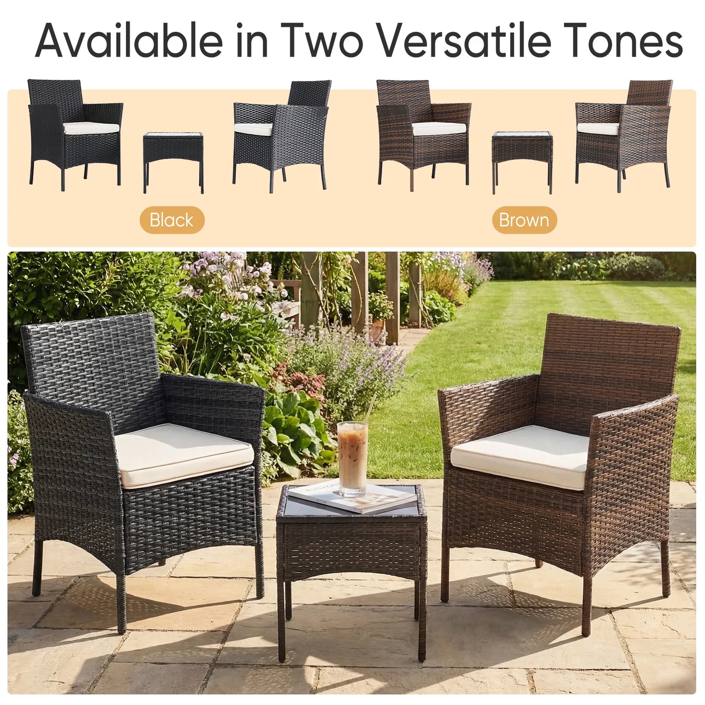 JHK 3 Piece Patio Furniture Set With Rattan Chairs