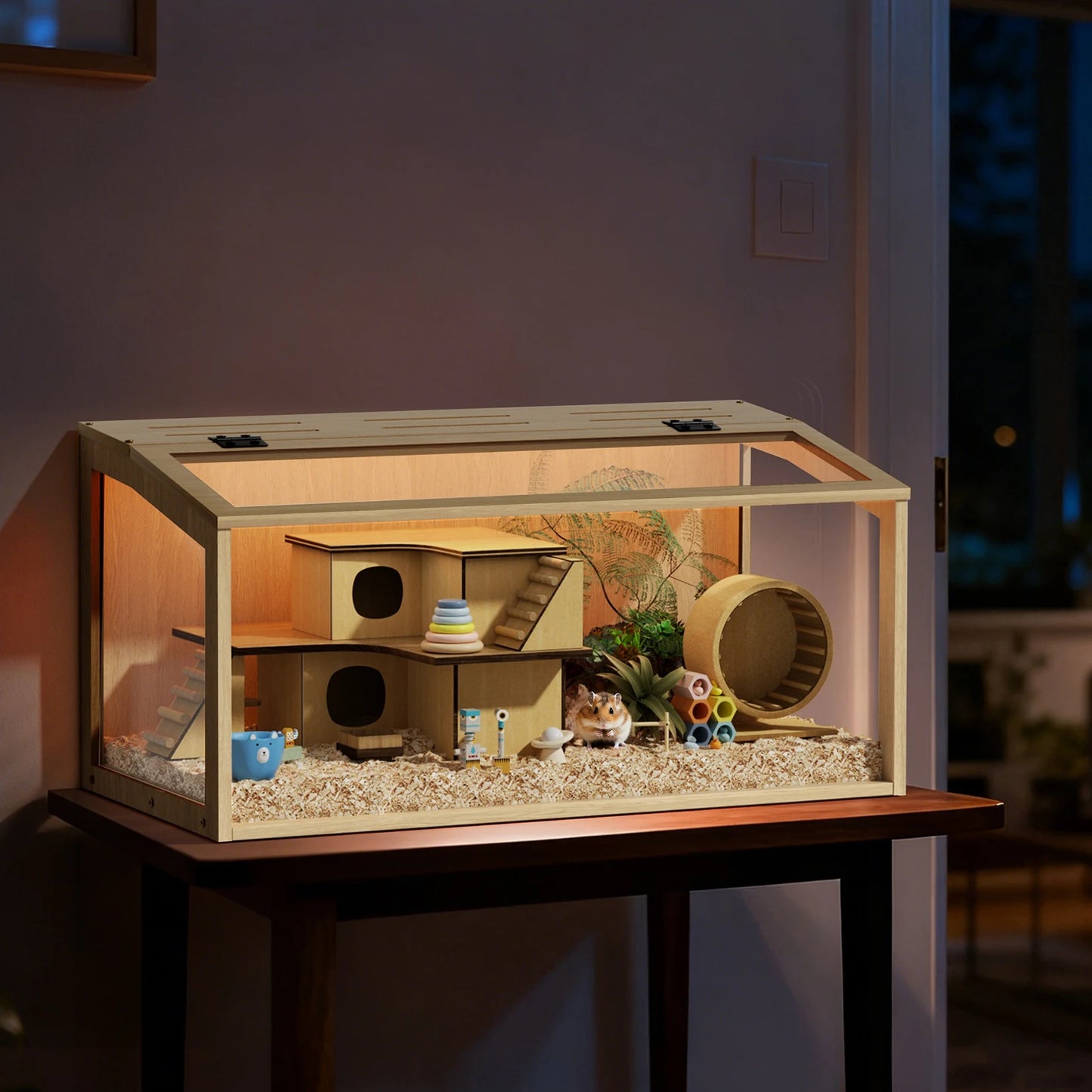 Wooden Hamster Cage With Built In LED Light