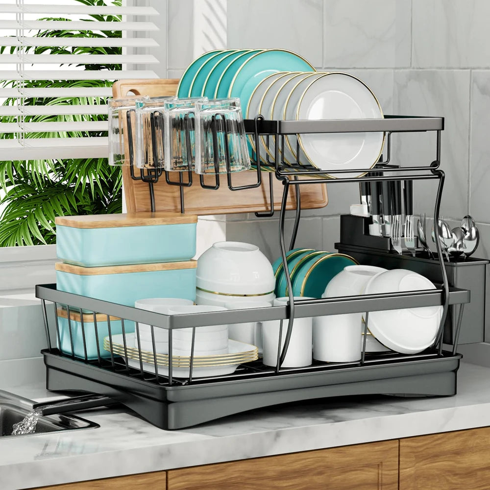 Two-Tier Dish Drying Rack For Kitchen Countertop