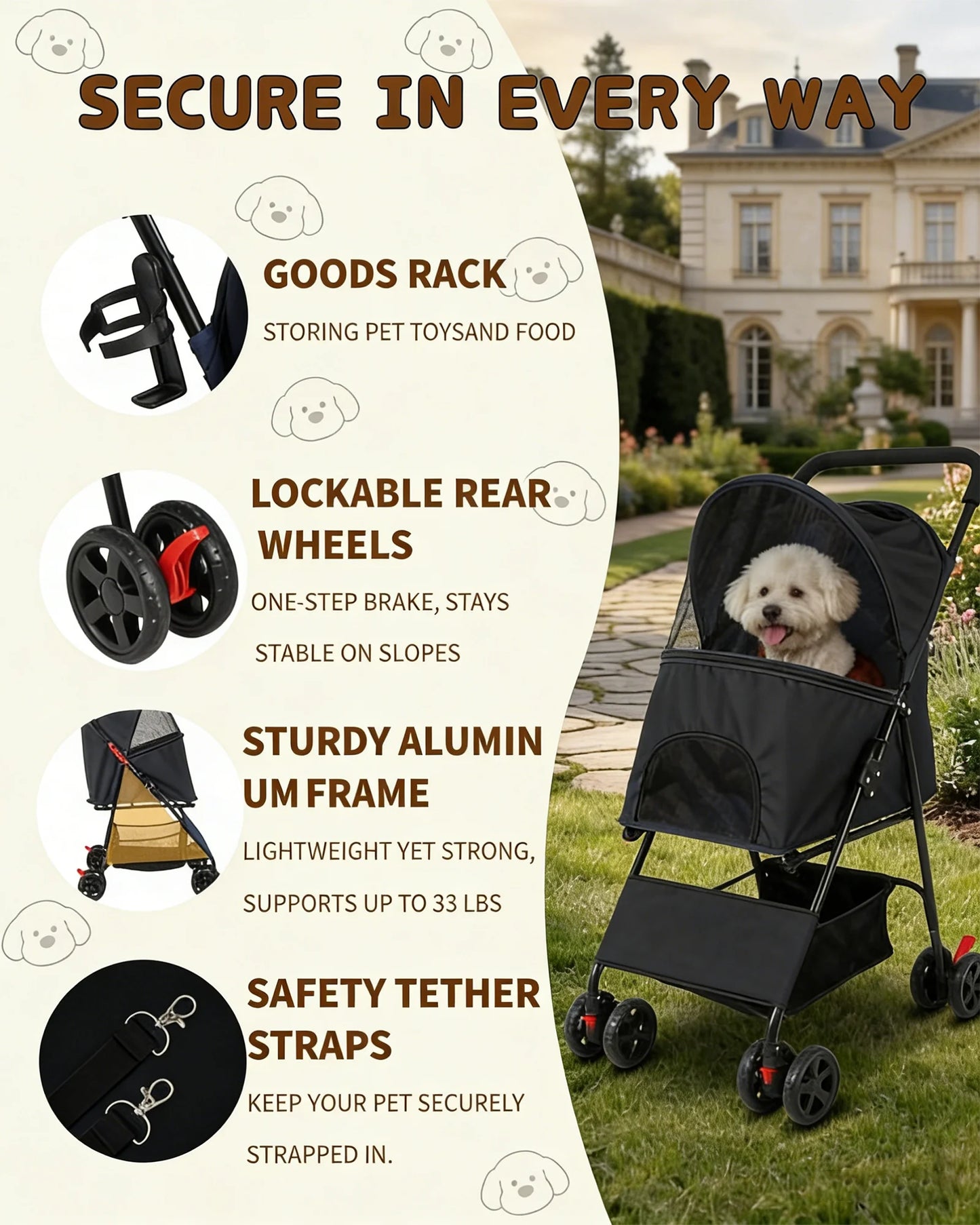 Cabusatly Lightweight Pet Stroller With Storage Basket