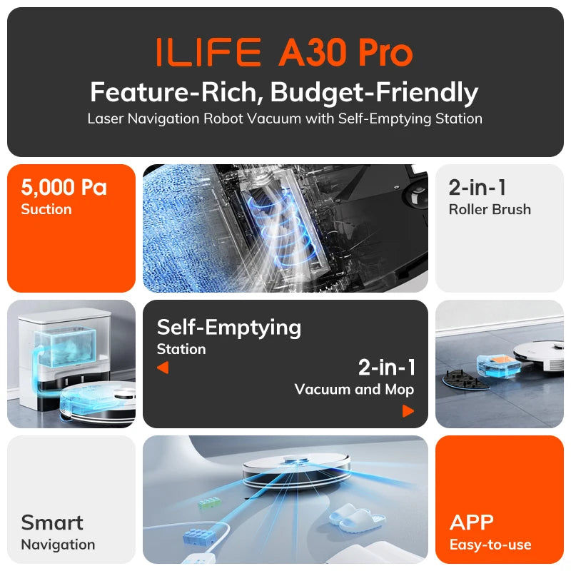 ILIFE A30 Pro 5000Pa Robot Vacuum With Mop And Self Emptying