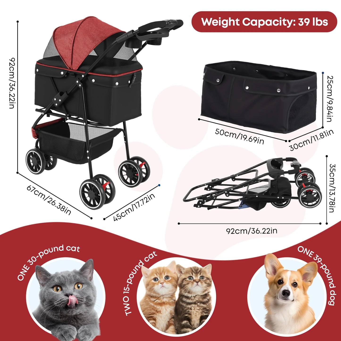 Chihuahua Pet Stroller 3 Wheel Foldable Breathable Canopy