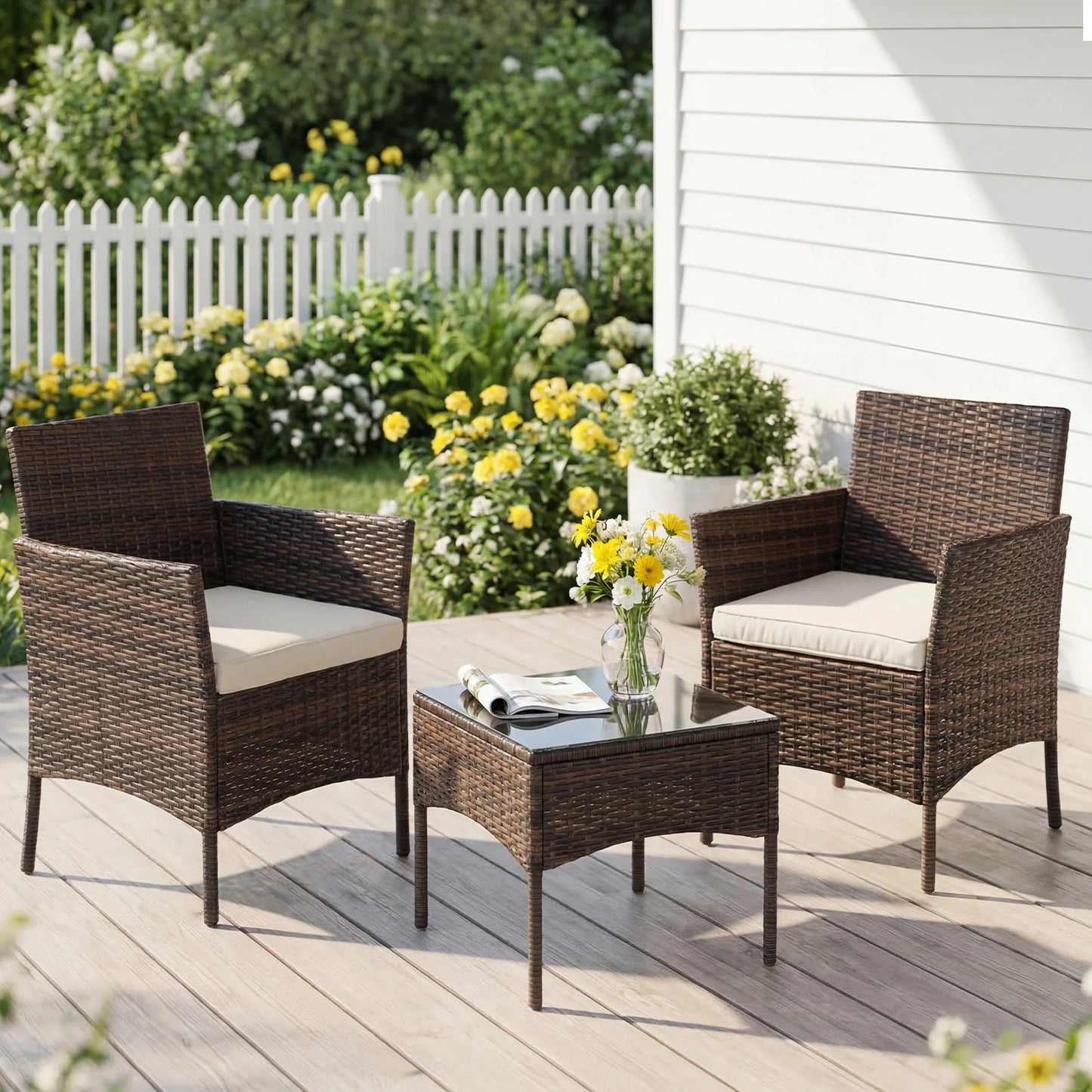 JHK 3 Piece Patio Furniture Set With Rattan Chairs