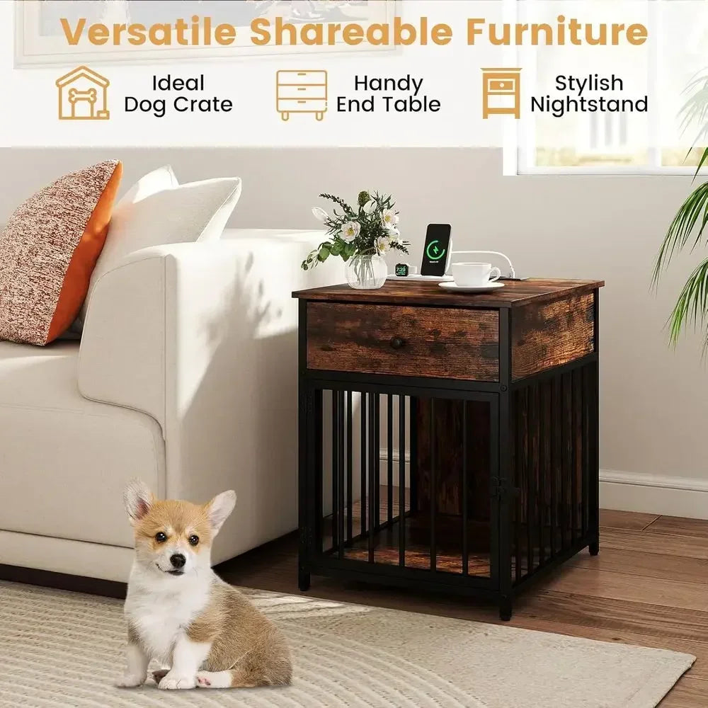 2 In 1 Dog Crate Side Table With Charging Station