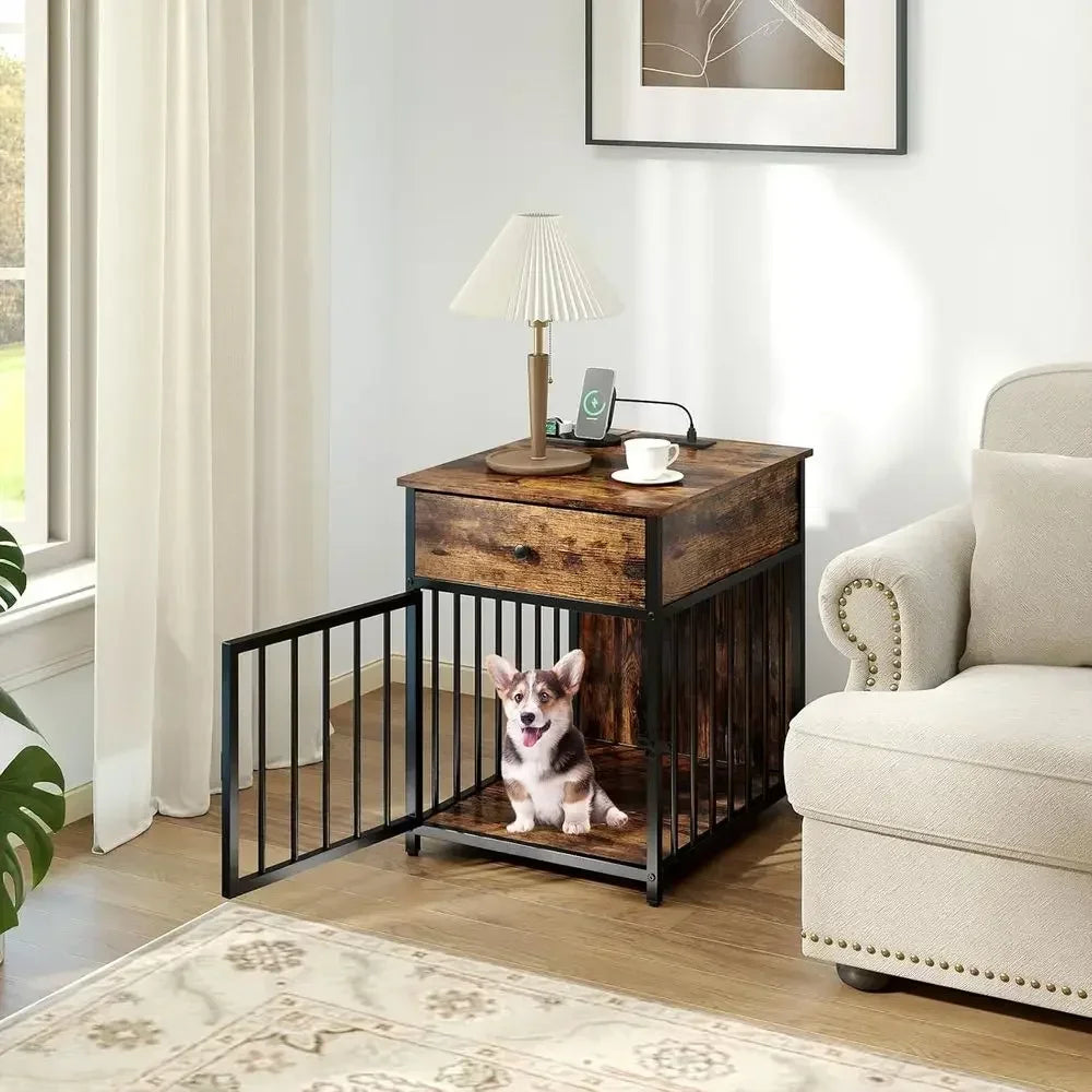 2 In 1 Dog Crate Side Table With Charging Station