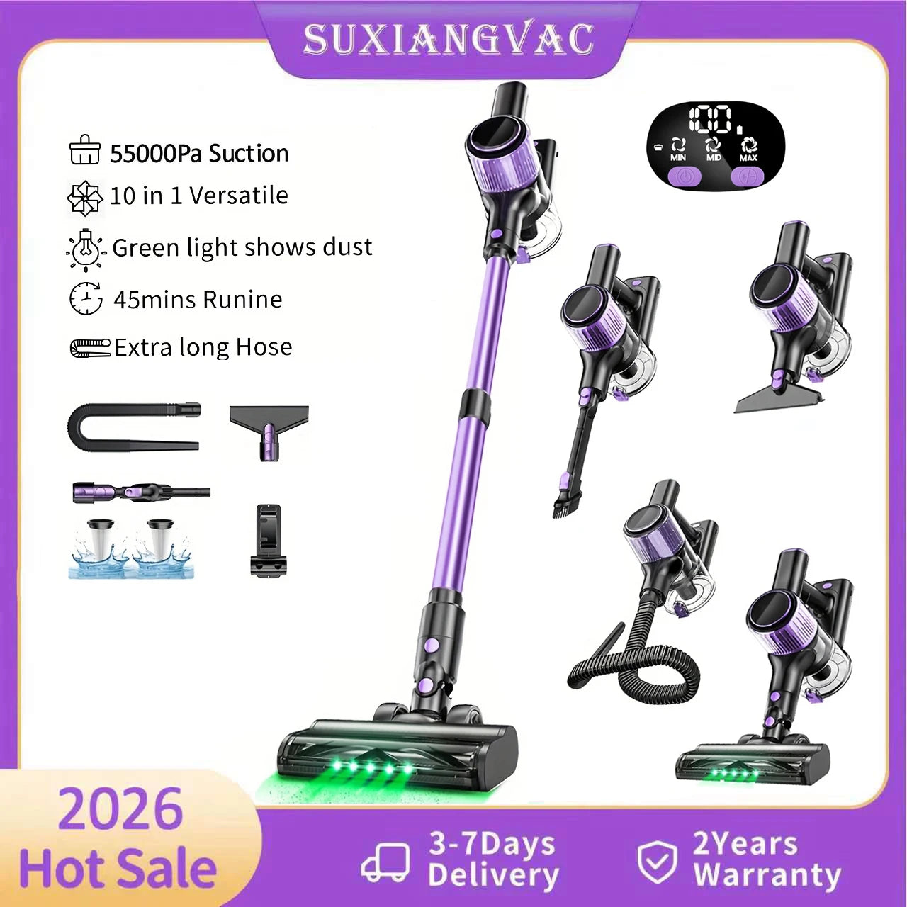 SUXIANGVAC Cordless Vacuum Cleaner 55KPa 500W 45Min