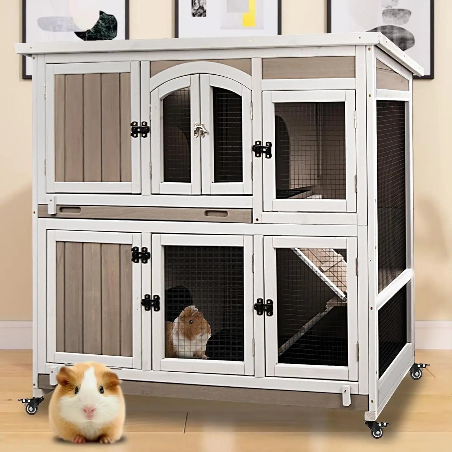 Wooden Guinea Pig Cage Two-Story Indoor Hamster Habitat