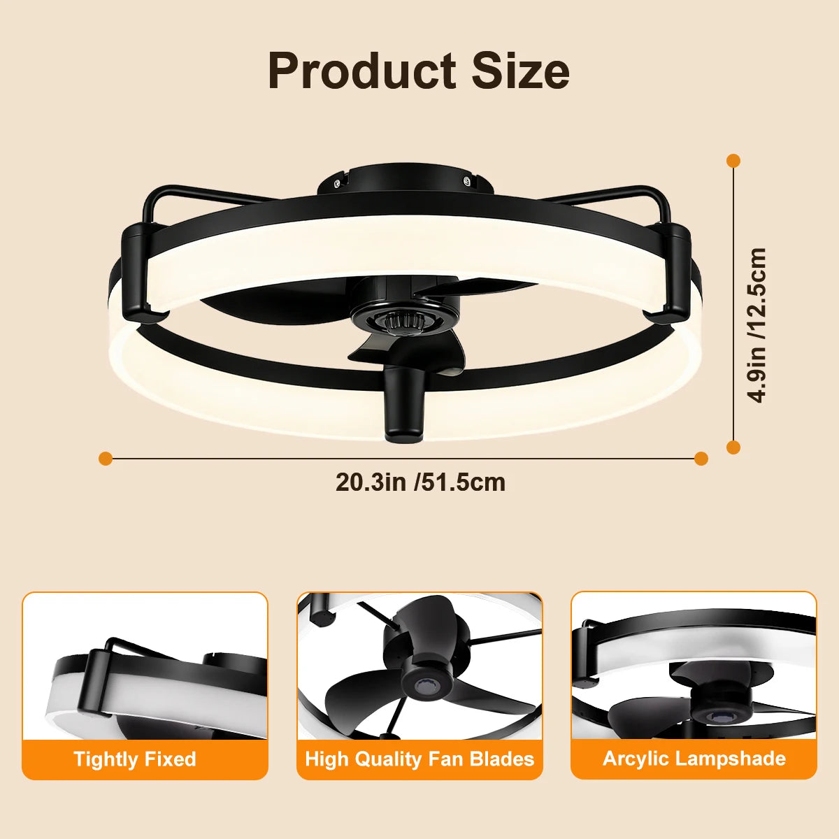 Aiopp Three Color Dimmable Ring LED Flush Mount Ceiling Fan