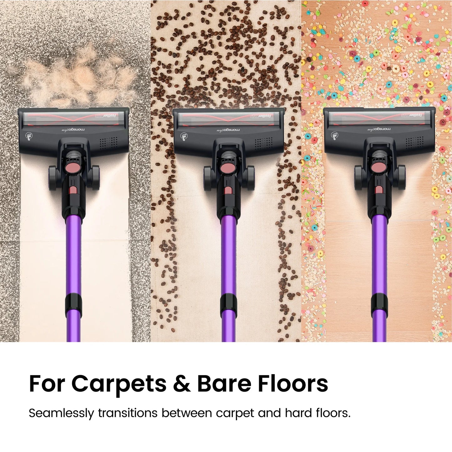 MONSGA Cordless Vacuum Cleaner 55KPA 450W Anti-Tangle Brush