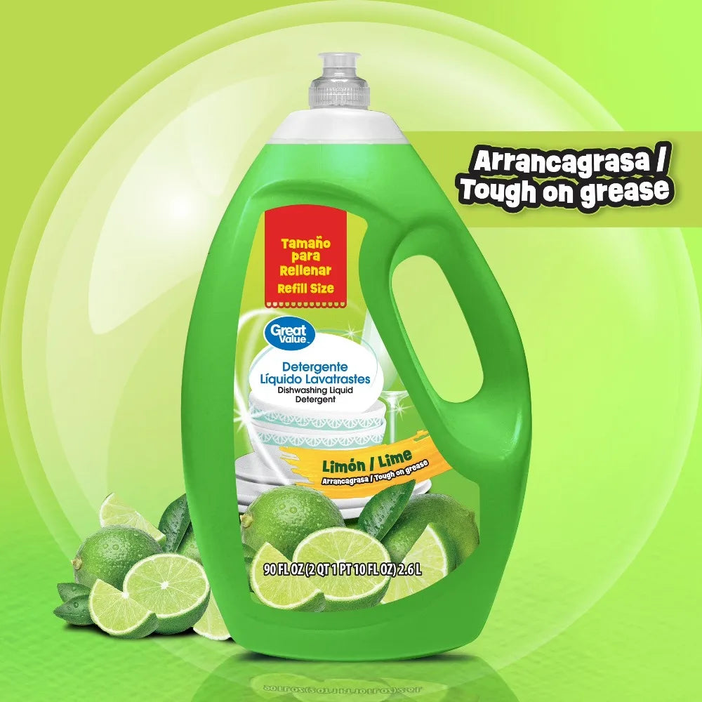 Dishwashing Liquid Soap Detergent Lemon Lime Scent 90 Fl Oz Large Capacity Refill Kitchen Cleaner Degreaser Fresh Fragrance