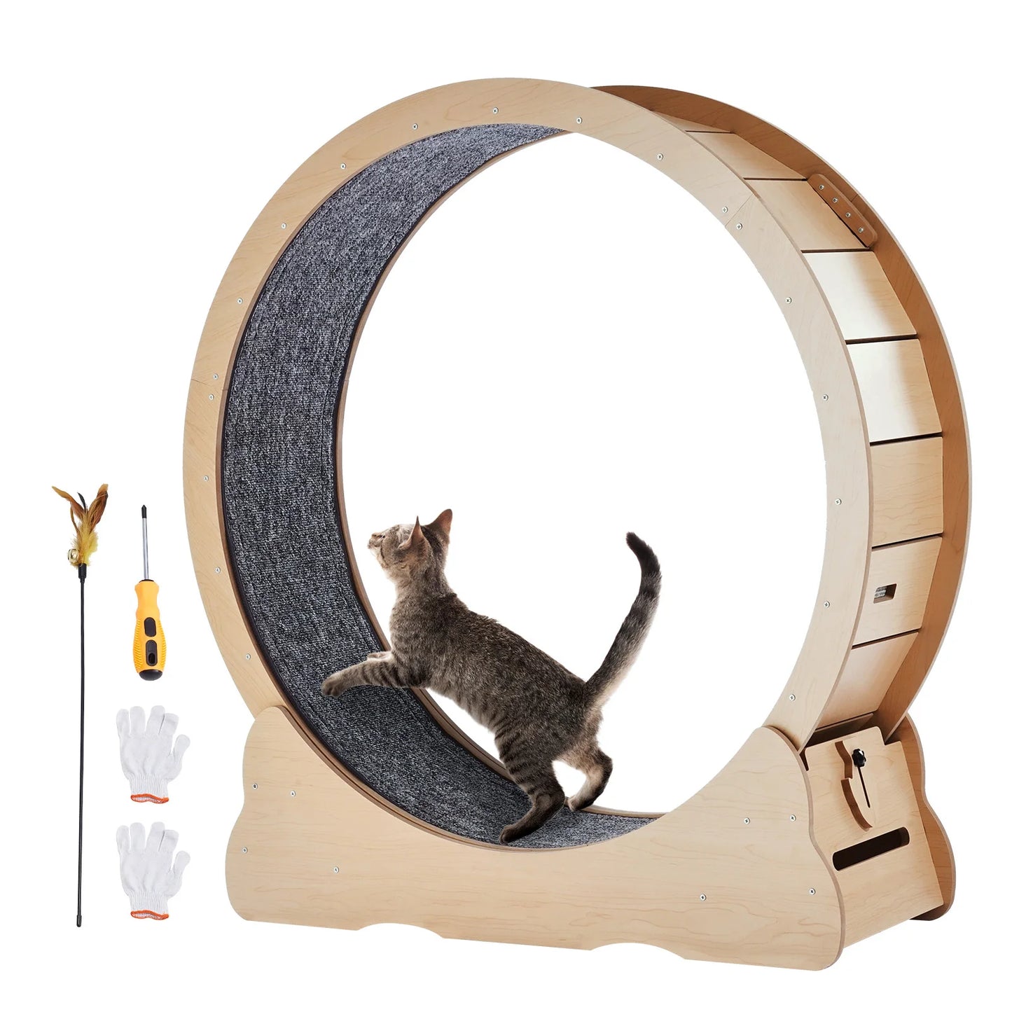 SucceBuy Wooden Cat Exercise Wheel With Detachable Carpet