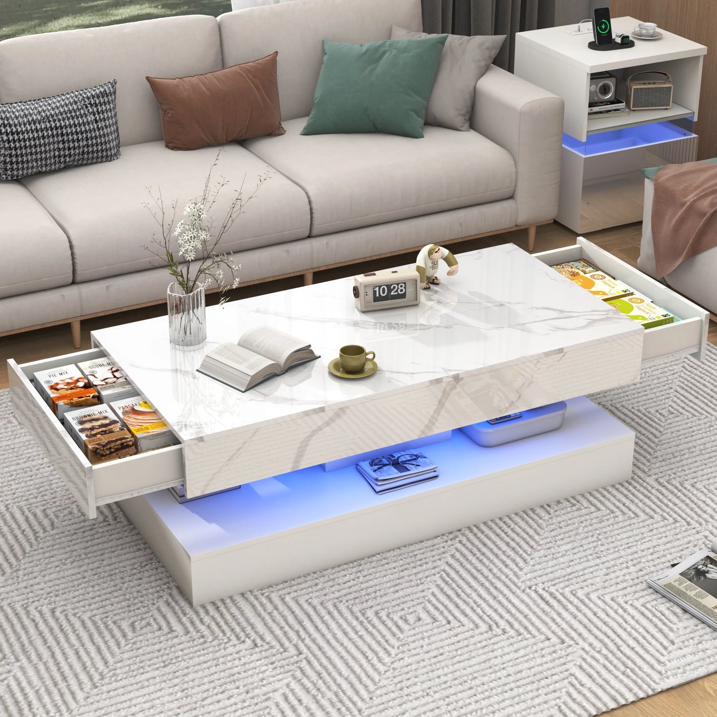 QiaoShiRen Modern LED Coffee Table with Dual Storage Drawers