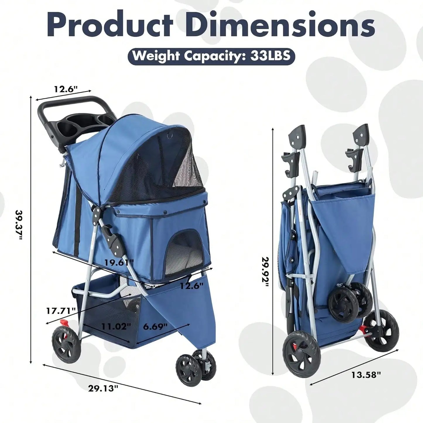 Three Wheel Pet Stroller Foldable With Cup Holder And Basket